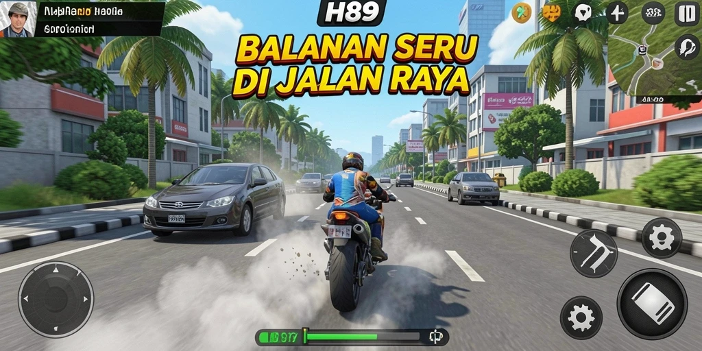 Gameplay H89 menampilkan balapan cepat dengan mobil berwarna cerah di trek menantang.
